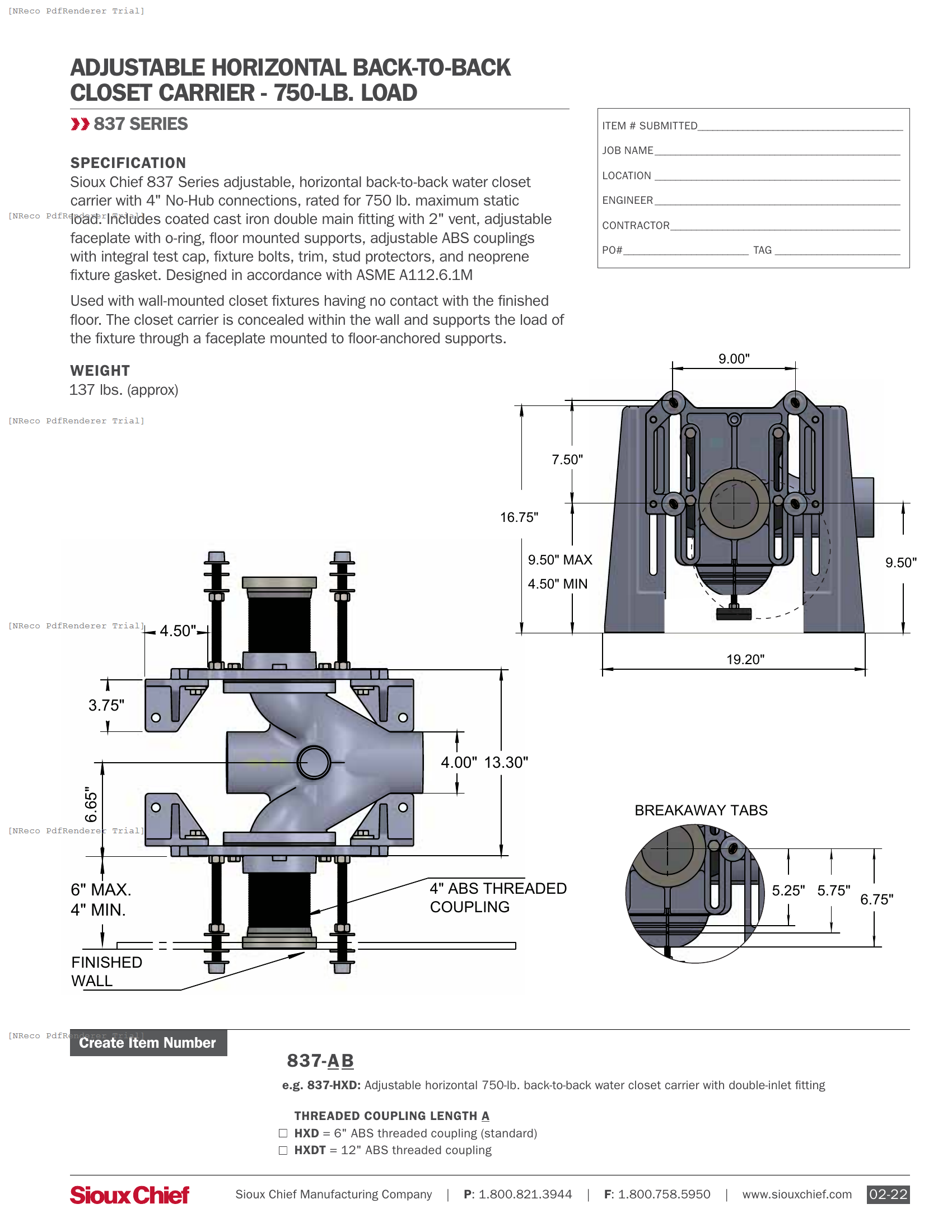 837-HXD SERIES - 750-LB CLOSET CARRIER - SPEC SHEET.PDF Specification Document